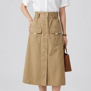 Saia Midi Feminina de Alfaiataria com Cintura Alta com Bolsos Dorivie-7