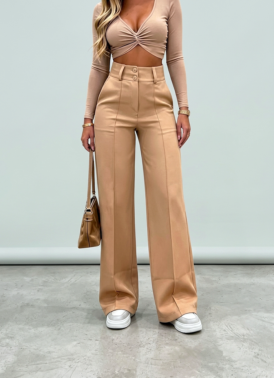 Calça Feminina Pantalona de Alfaiataria com Cintura Alta Dorivie-12