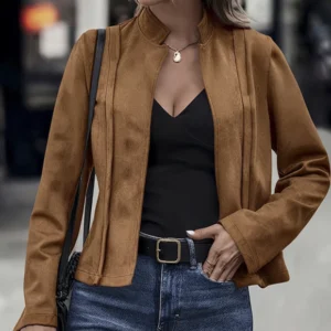 Jaqueta Feminina de Suede Curta com Gola Padre Dorivie-8