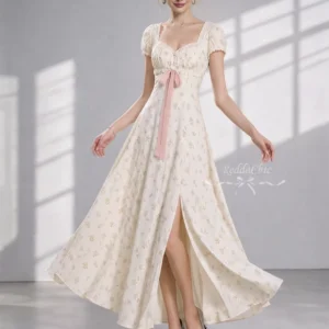 Vestido Feminino Longo Floral Camponesa com Fenda e Laço Dorivie-3