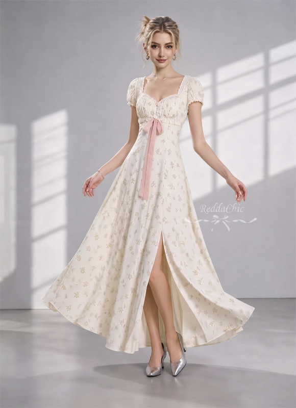 Vestido Feminino Longo Floral Camponesa com Fenda e Laço Dorivie-3