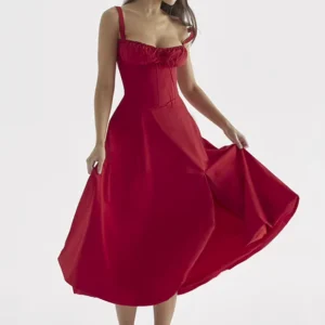 Vestido Feminino Midi Evasê com Busto Franzido Estilo Corset Dorivie-3