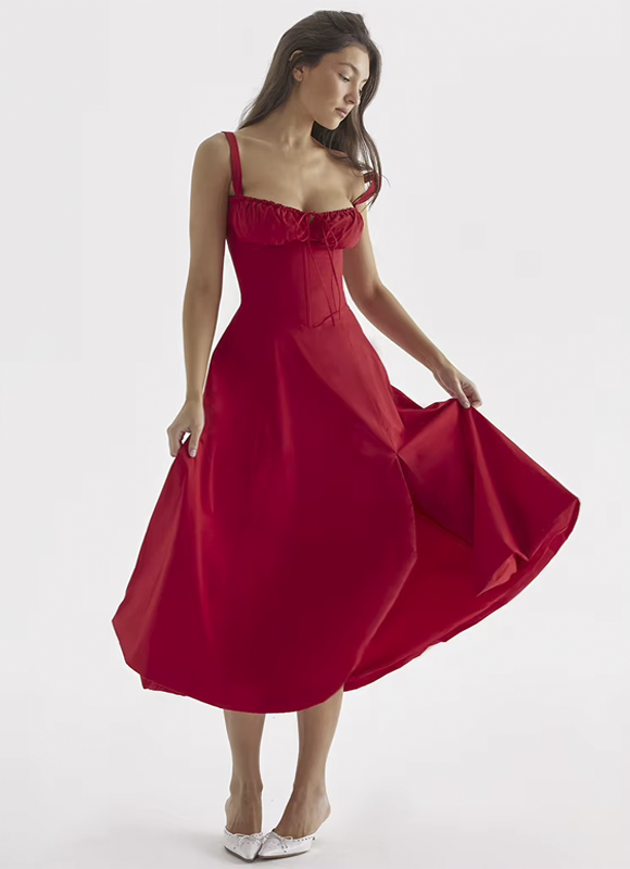 Vestido Feminino Midi Evasê com Busto Franzido Estilo Corset Dorivie-3