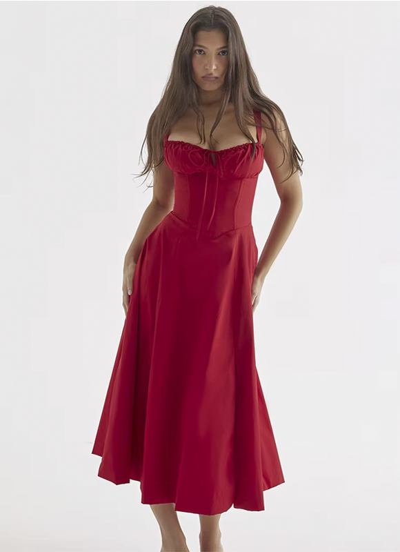 Vestido Feminino Midi Evasê com Busto Franzido Estilo Corset Dorivie-3