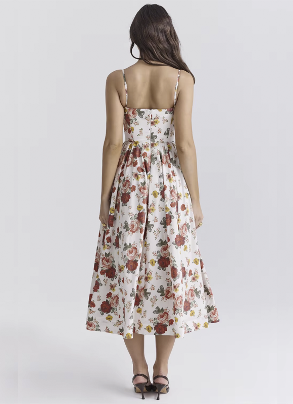 Vestido Feminino Midi Floral Evasê com Alças Finas e Bolsos Dorivie-5