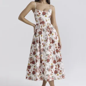 Vestido Feminino Midi Floral Evasê com Alças Finas e Bolsos Dorivie-4