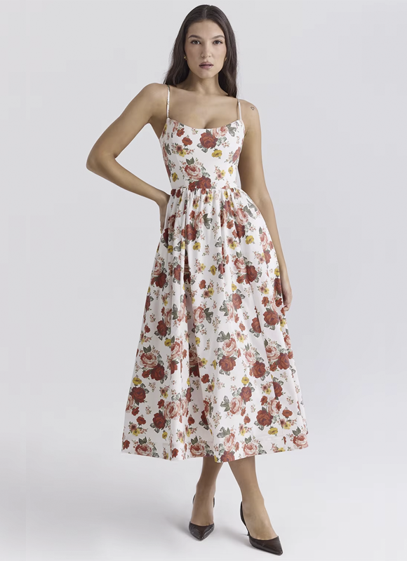 Vestido Feminino Midi Floral Evasê com Alças Finas e Bolsos Dorivie-4