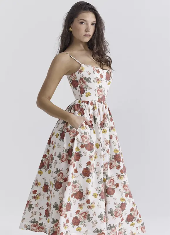 Vestido Feminino Midi Floral Evasê com Alças Finas e Bolsos Dorivie-7